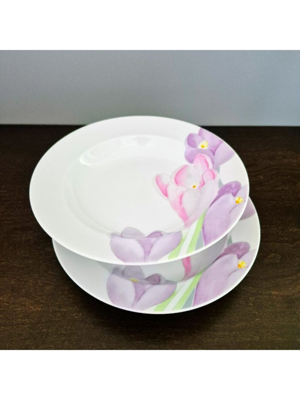 Mikasa Spring Crocus Rim Soup Bowl Set, Pink & Purple Floral, c.1984-87 Japan